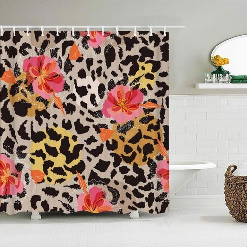 Leopard Print Floral Shower Curtain, Customized Size, Pink Flowers Fabric, Home Bathroom Decor