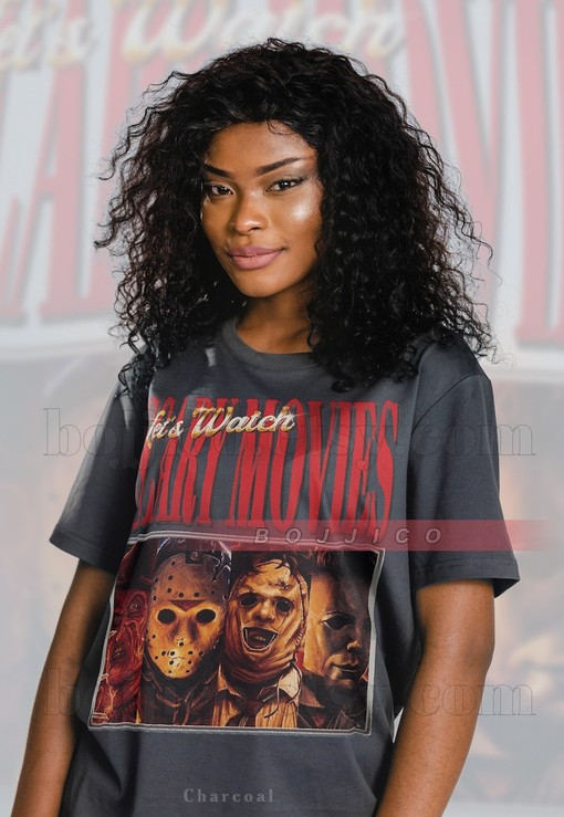 Let's Watch Scary Movies Shirt, Halloween Horror Icons, Myers Leatherface Freddy Jason, Retro T-Shirt, Devil Face Scream