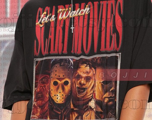 Let's Watch Scary Movies Shirt, Halloween Horror Icons, Myers Leatherface Freddy Jason, Retro T-Shirt, Devil Face Scream - Image 2