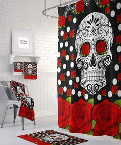Life and Death Theme Bathroom Decor with Sugar Skull Red Rose Bath Set featuring Restroom Shower Curtains Decorative