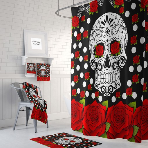Life and Death Theme Bathroom Decor with Sugar Skull Red Rose Bath Set featuring Restroom Shower Curtains Decorative