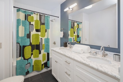 Lime and Teal Green Abstract Durable Polyester Mid Century Modern Shower Curtain - Image 2