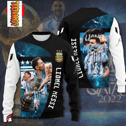 Lionel Messi Champion of World Cup 2022 All Over Print 3D Hoodie with Argentina Flag and 3D Graphic Design