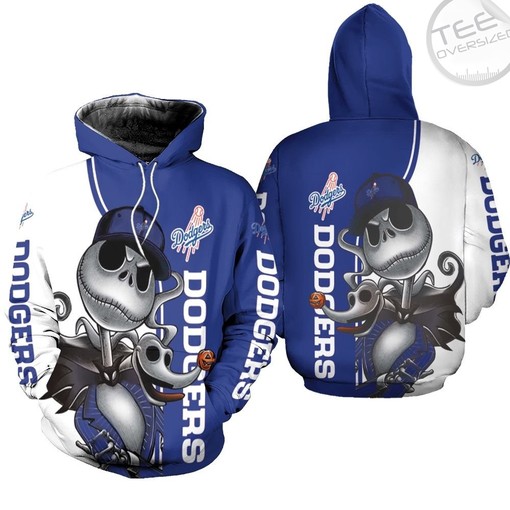 Los Angeles Dodgers All Over Print 3D Hoodie with Jack Skellington and Zero Full size