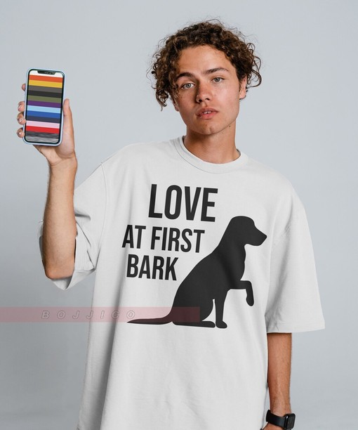 Love At First Bark Unisex Tee, Dog Mom Sweatshirt, Cute Pet Lover Gift, Funny Animal Graphic T-shirt for Women