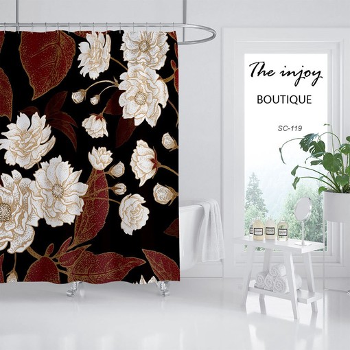 Lovely Flowers Shower Curtain, Noble Retro Black Waterproof & Washable, Unique Bath Accessory - Image 2