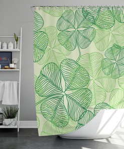 Lucky Clover Botanical Shower Curtain | Green Leaves Print Fabric | Bathroom Mat Accessories