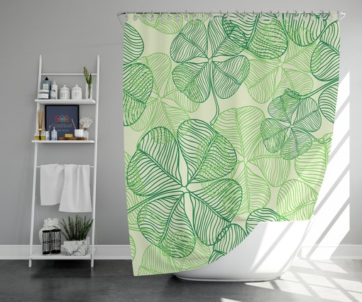 Lucky Clover Botanical Shower Curtain | Green Leaves Print Fabric | Bathroom Mat Accessories