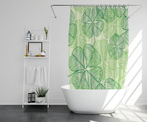 Lucky Clover Botanical Shower Curtain | Green Leaves Print Fabric | Bathroom Mat Accessories - Image 2