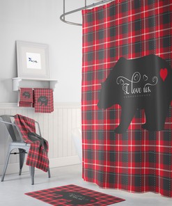 Lumberjack Plaid Woodland Shower Curtain Set with Rustic Bath Set for Cozy Bathroom Decor