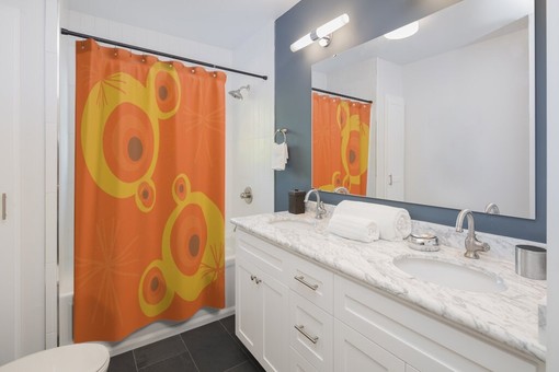 MCM Mustard Yellow Geometric Shower Curtain - Image 2