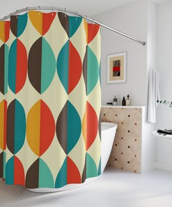 MCM Ovals Beige, Teal, and Burnt Orange Geometric Mid Century Modern Retro Shower Curtain