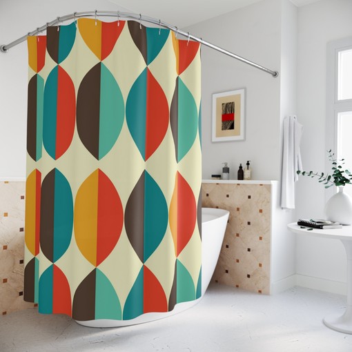 MCM Ovals Beige, Teal, and Burnt Orange Geometric Mid Century Modern Retro Shower Curtain
