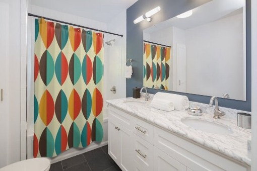 MCM Ovals Beige, Teal, and Burnt Orange Geometric Mid Century Modern Retro Shower Curtain - Image 2