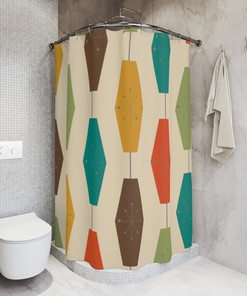 MCM Shower Curtain with Atomic Starburst and Geometric Groovy Light Lantern Design