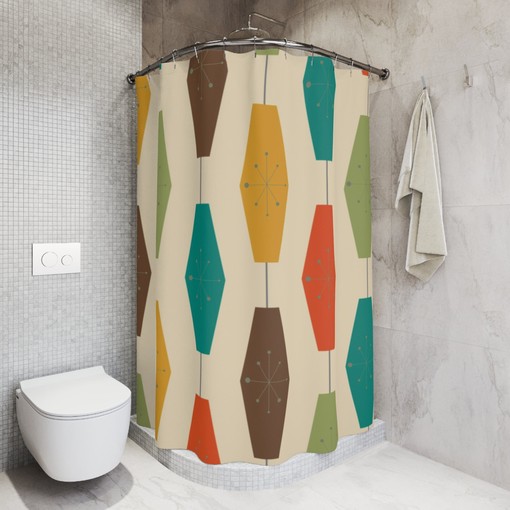 MCM Shower Curtain with Atomic Starburst and Geometric Groovy Light Lantern Design