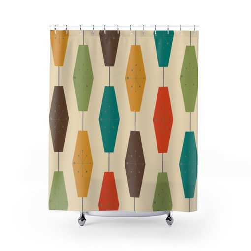 MCM Shower Curtain with Atomic Starburst and Geometric Groovy Light Lantern Design - Image 2