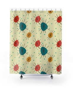 MCM Shower Curtain with Retro Atomic Starburst of Color