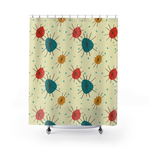 MCM Shower Curtain with Retro Atomic Starburst of Color