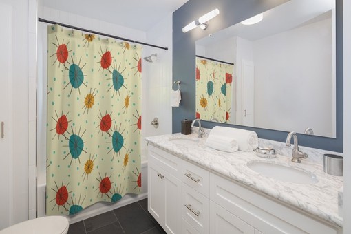 MCM Shower Curtain with Retro Atomic Starburst of Color - Image 2