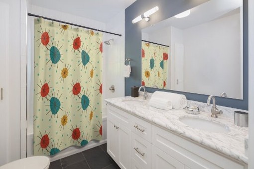 MCM Shower Curtain with Retro Atomic Starburst of Color - Image 4