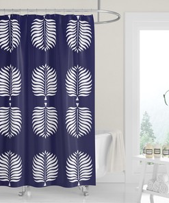 Machine Washable Tropical Island Dark Blue White Palm Fronds Modern Shower Curtain