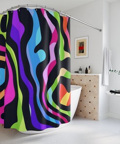 Magic Trippy Waves Strokes Abstract Art Shower Curtain or Mat, Colorful Hippie Contemporary Bathroom
