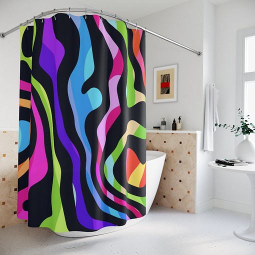Magic Trippy Waves Strokes Abstract Art Shower Curtain or Mat, Colorful Hippie Contemporary Bathroom