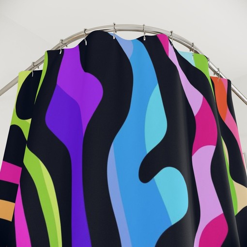 Magic Trippy Waves Strokes Abstract Art Shower Curtain or Mat, Colorful Hippie Contemporary Bathroom - Image 3