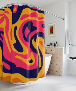 Magic Trippy Waves Strokes Abstract Art Shower Curtain or Mat, Colorful Hippie Contemporary Bathroom Curtain