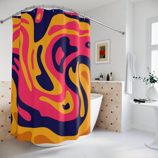 Magic Trippy Waves Strokes Abstract Art Shower Curtain or Mat, Colorful Hippie Contemporary Bathroom Curtain