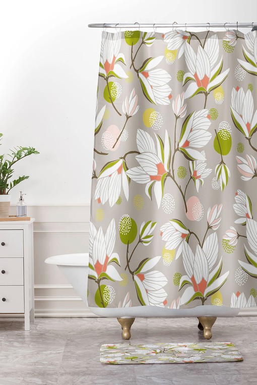 Magnolia Blossom Beige Floral Shower Curtain | Fabric Bathroom Curtain | Vintage Print | Home Decor