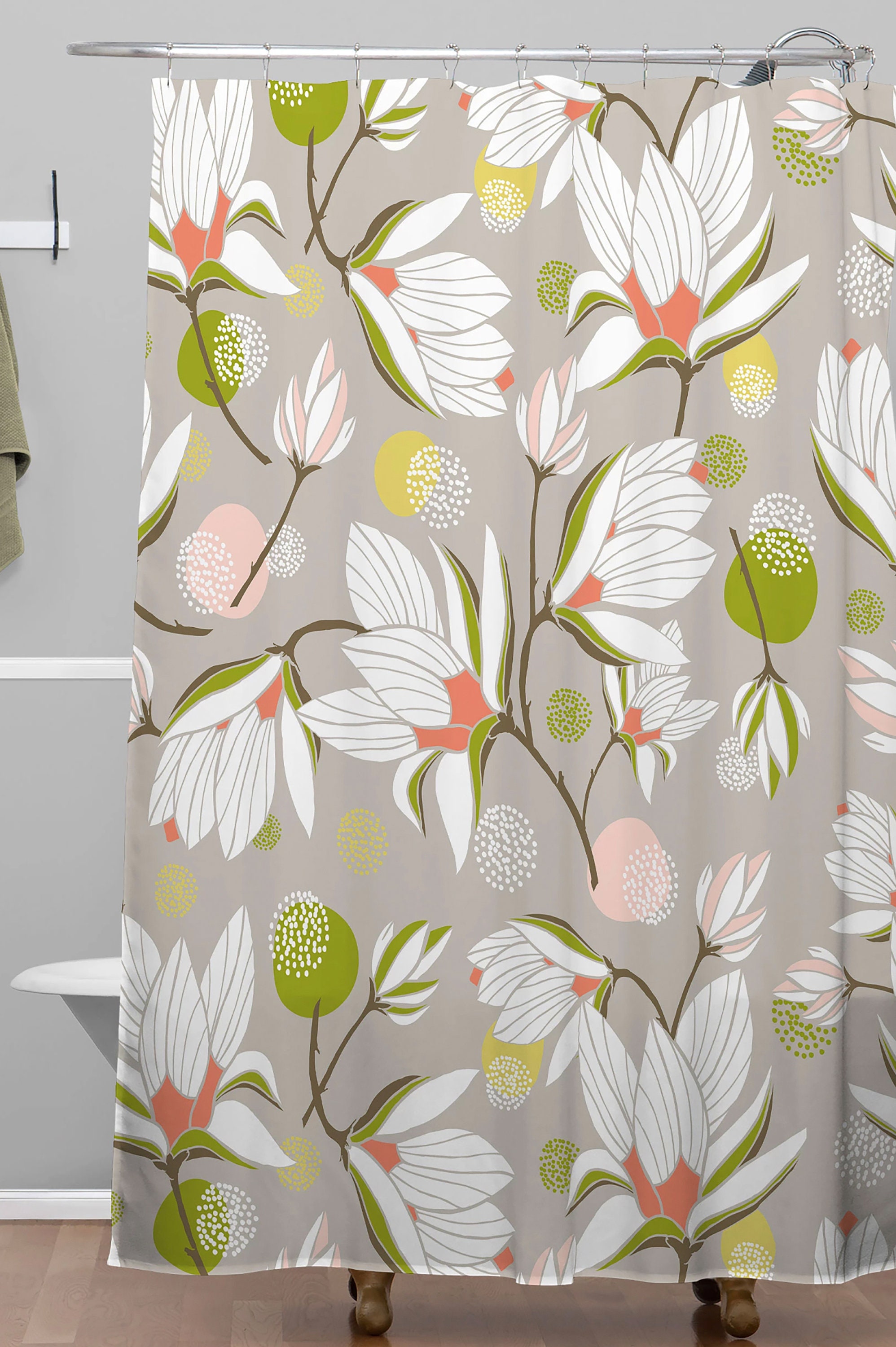Magnolia Blossom Beige Floral Shower Curtain | Fabric Bathroom Curtain | Vintage Print | Home Decor - Image 3