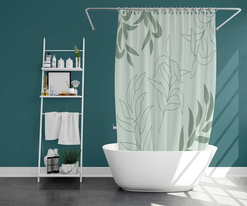 Make a Bold Statement with Minimalist Blue Green Leaves Shower Curtain, Tropical Botanical Pattern Fabric Curtain - Image 2