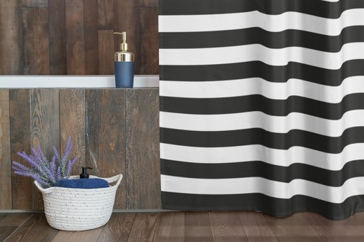 Masculine Striped Shower Curtain | Horizontal Black & White | New Home Housewarming Gift | Bathroom Decor + Quotes - Image 3
