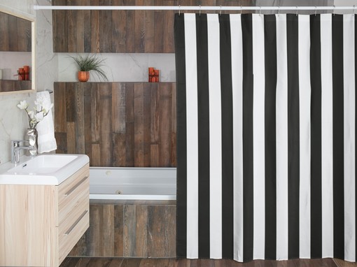 Masculine Striped Shower Curtain | Vertical Black & White | New Home Housewarming Gift | Bathroom Decor + Quotes