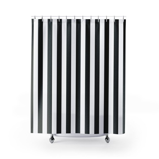 Masculine Striped Shower Curtain | Vertical Black & White | New Home Housewarming Gift | Bathroom Decor + Quotes - Image 2