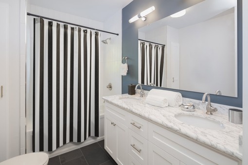 Masculine Striped Shower Curtain | Vertical Black & White | New Home Housewarming Gift | Bathroom Decor + Quotes - Image 3
