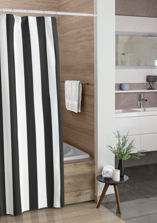 Masculine Striped Shower Curtain | Vertical Black & White | New Home Housewarming Gift | Bathroom Decor + Quotes - Image 4