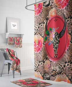 Maximalist Boho Shower Curtain Set with Leopard Floral Bull Skull Design