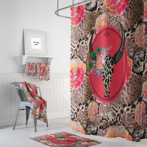 Maximalist Boho Shower Curtain Set with Leopard Floral Bull Skull Design