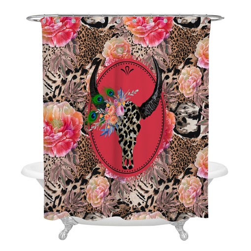Maximalist Boho Shower Curtain Set with Leopard Floral Bull Skull Design - Image 2