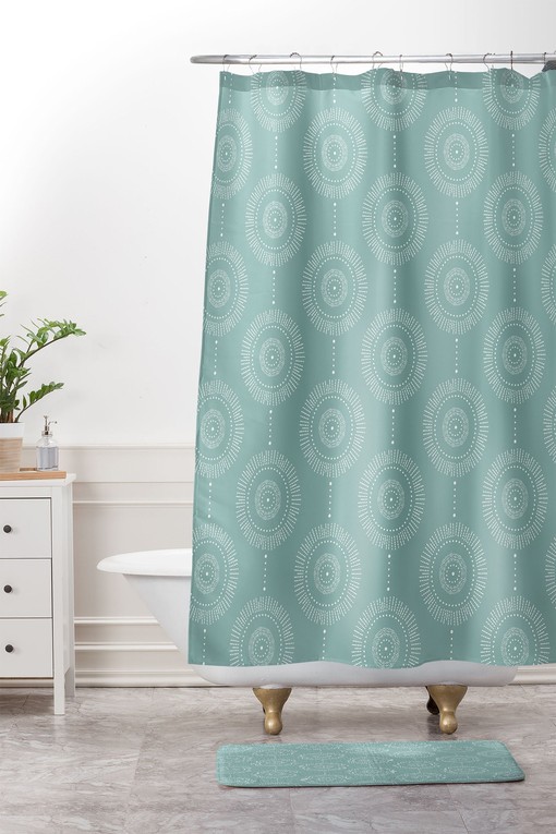 Medallion Geometric Seafoam Shower Curtain, Boho Bath Decor, Vintage-Inspired Fabric Bath Curtain