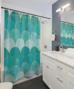 Mermaid Fish Scale Teal and White Shower Curtain for Beach House Bathroom | beach shower curtains