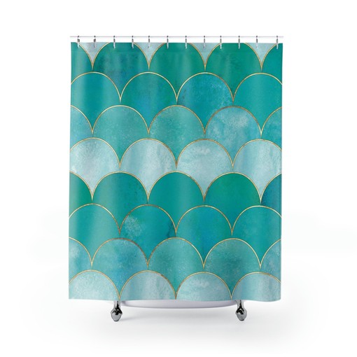 Mermaid Fish Scale Teal and White Shower Curtain for Beach House Bathroom | beach shower curtains - Image 2