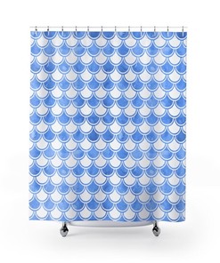 Mermaid Inspired Blue and White Boho Fish Scales Bath Curtain for Shower Decor