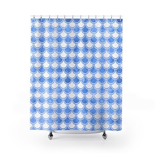 Mermaid Inspired Blue and White Boho Fish Scales Bath Curtain for Shower Decor