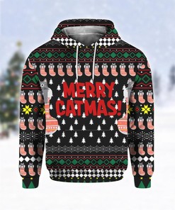 Merry Catmas Funny All Over Print 3D Hoodie