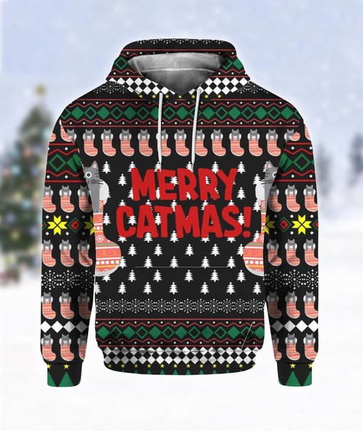 Merry Catmas Funny All Over Print 3D Hoodie