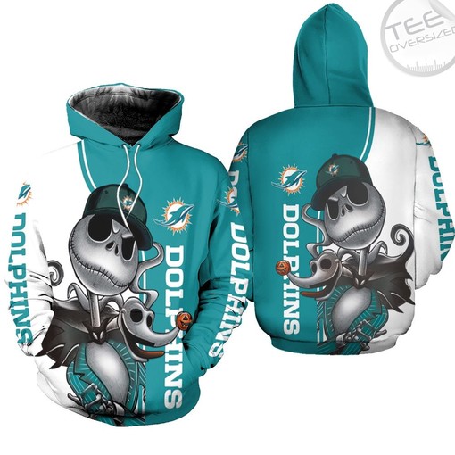 Miami Dolphins All Over Print 3D Hoodie with Jack Skellington and Zero for Women